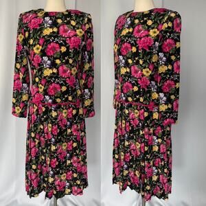Vintage Midi Dress 6 Black Pink Floral Pleated Drop Waist Romantic Cottage 90s